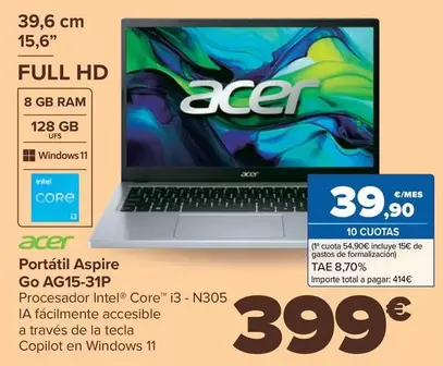 Oferta de Acer - Portatil Aspire Go AG15-31P por 399€ en Carrefour