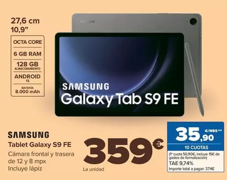 Oferta de Samsung - Tablet Galaxy S9 Fe por 359€ en Carrefour