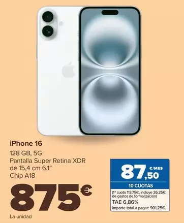 Oferta de Apple - Iphone 16 por 875€ en Carrefour