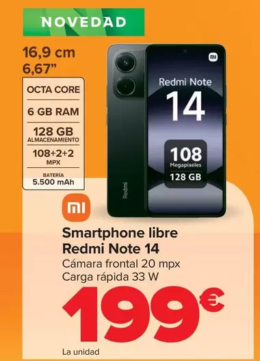 Oferta de Xiaomi - Smartphone Libre Redmi Note 14 por 199€ en Carrefour