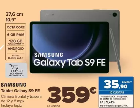 Oferta de Samsung - Tablet Galaxy S9 FE por 359€ en Carrefour