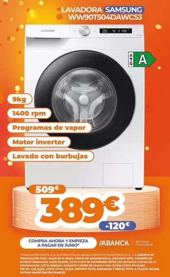 Oferta de Samsung - Lavadora WW90T504DAWCS3  por 389€ en Pascual Martí