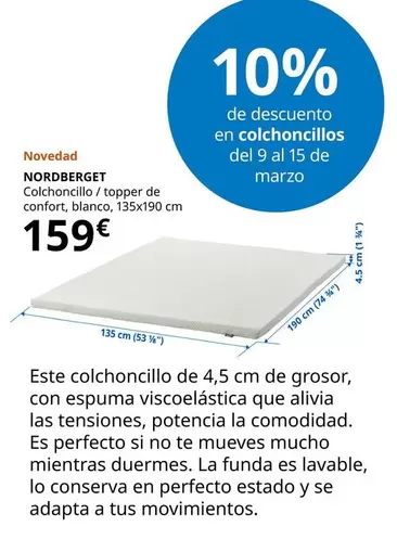 Oferta de Nordberget Colchoncillo/Topper De Confort, Blanco por 159€ en IKEA