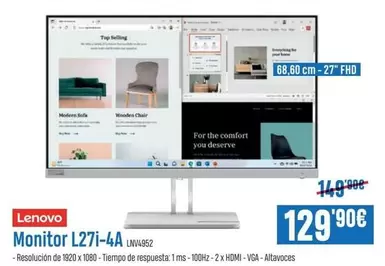 Oferta de Lenovo - Monitor L27i-4a Lnv4852 por 129,9€ en Beep