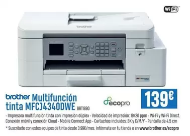 Oferta de Brother - Multifuncion Tinta MFCJ4340DWE por 139€ en Beep