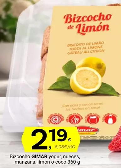 Oferta de Gimar - Bizcocho Yogurt Nueces, Manzana, Limon O Coco por 2,19€ en Supermercados Dani