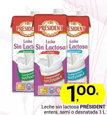 Oferta de Président - Leche Sin Lactosa Entera, Semi O Desnatada por 1€ en Supermercados Dani