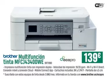 Oferta de Brother - Multifunción Tinta MFCJ4340DWE  por 139€ en PCBox