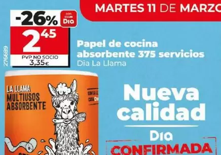 Oferta de Dia La Llama - Papel De Cocina Absorbente 375 Servicios por 2,45€ en Dia