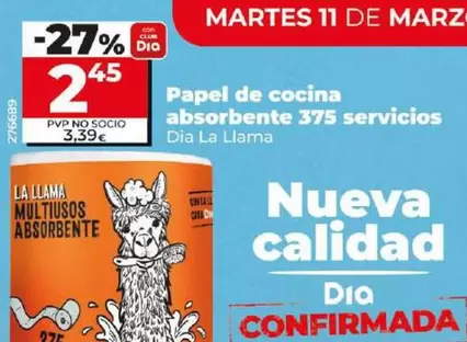 Oferta de Dia La Llama - Papel De Cocina Absorbente 375 Servicios por 2,45€ en Dia