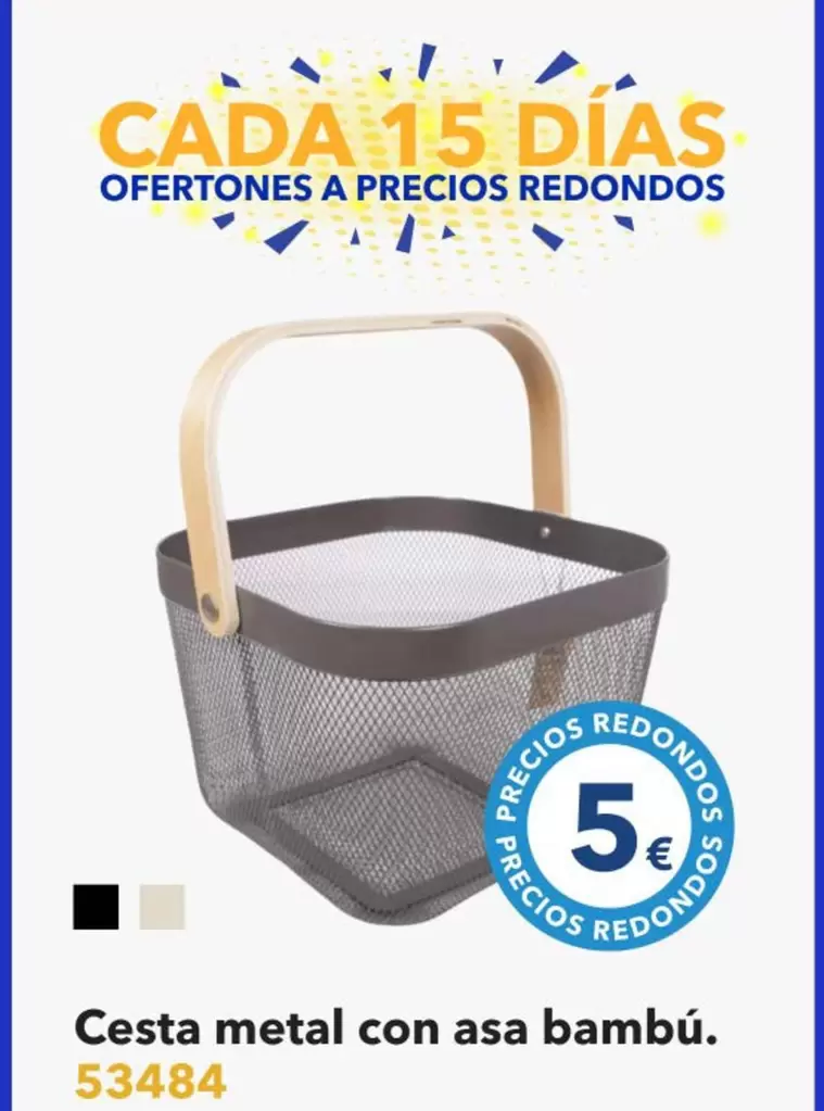 Oferta de Cesta Metal Con Asa Bambu. por 5€ en Tiendas MGI