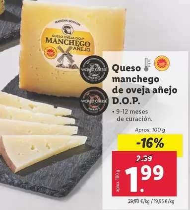 Oferta de Queso Manchego De Oveja Anejo D.o.p. por 1,99€ en Lidl