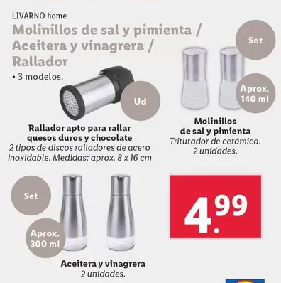 Oferta de Livarno Home - Molinillos De Sal Y Pimiento/Aceitera Y Vinagrera/Rallador por 4,99€ en Lidl