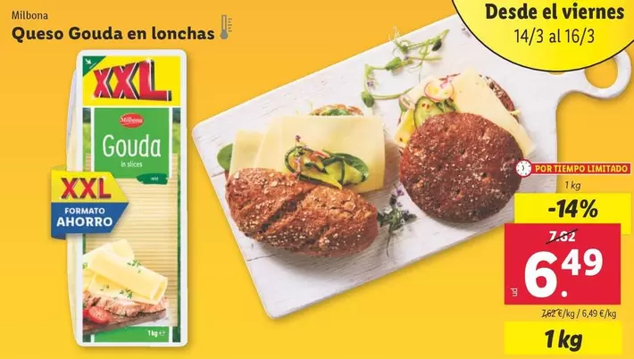 Oferta de Milbona - Queso Gouda En Lonchas por 6,49€ en Lidl