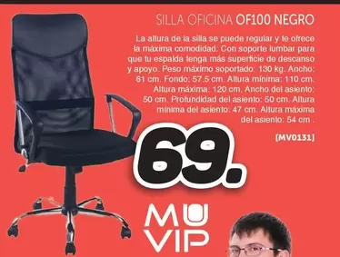 Oferta de Muvip - Silla Oficina OF100 Negro por 69€ en Mandatelo.com