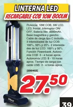 Oferta de Linterna Led Recarable Cob 10W 800LM por 27,5€ en Mandatelo.com