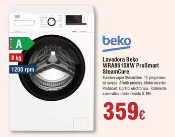 Oferta de Beko - Lavadora Wra8615xw Prosmart Steamcure por 359€ en Froiz