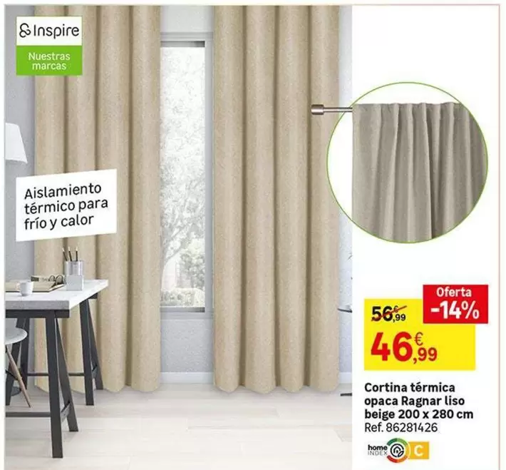 Oferta de Home - Cortina Termica Opaca Ragnar Liso Beige por 46,99€ en Leroy Merlin