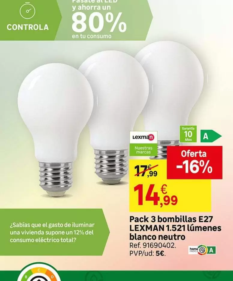 Oferta de Lexman - Pack 3 bombillas E27 por 14,99€ en Leroy Merlin