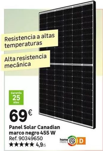 Oferta de Panel Solar Canadian Marco Negro 455 W por 69€ en Leroy Merlin