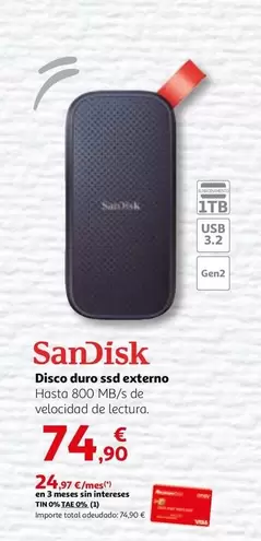 Oferta de Sandisk - Disco Duro Ssd Externo por 74,9€ en Alcampo