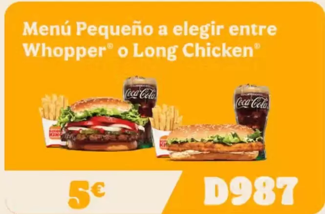 Oferta de Coca-Cola - Menú Pequeño A Elegir Entre Whopper O Long Chicken por 5€ en Burger King