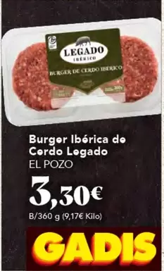 Oferta de Legado ElPozo - Burger Iberica De Cerdo por 3,3€ en Gadis