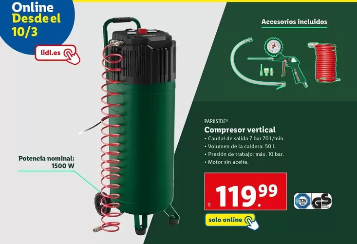 Oferta de Parkside - Compresor Vertical por 119,99€ en Lidl