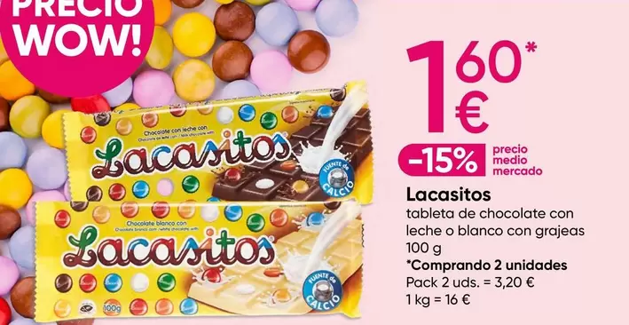 Oferta de Lacasitos - Tableta De Chocolate Con Leche O Blanco Con Grajeas 100 G por 1,6€ en Pepco