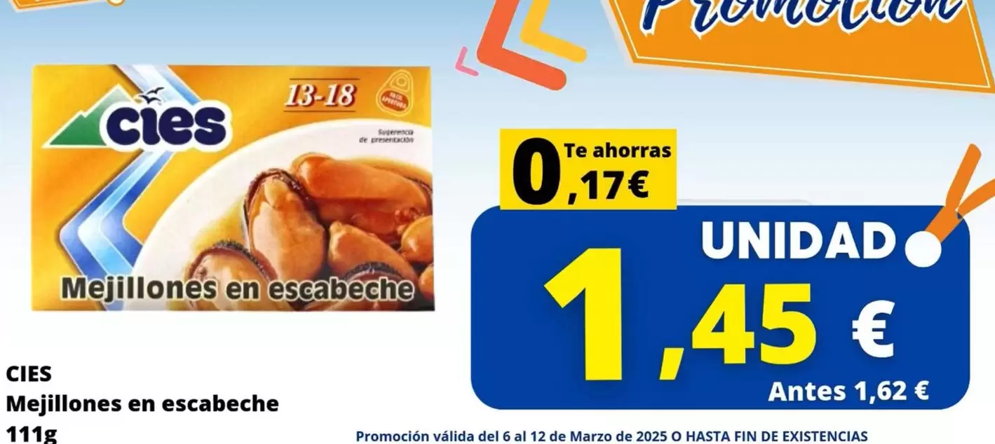 Oferta de Cies - Mejillones En Escabeche por 1,45€ en Cash Jesuman