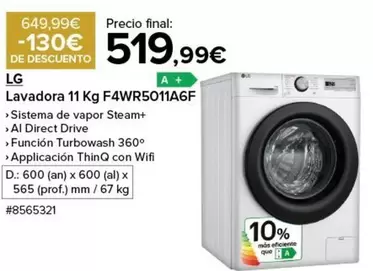 Oferta de LG - Lavadora 11kg F4wr5011a6f por 519,99€ en Costco