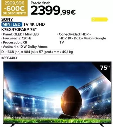 Oferta de Sony - Mini Led Tv 4k Uhd K75x70paep 75 por 2399,99€ en Costco