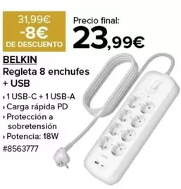 Oferta de Belkin - Regleta 8 Enchufes + Usb por 23,99€ en Costco