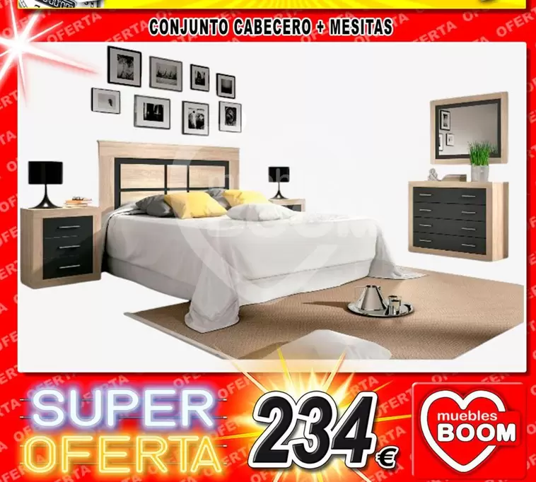 Oferta de Conjunto Cabecero + Mesitas por 234€ en Muebles Boom