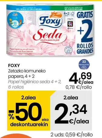 Oferta de Foxy - Papel Higienico Seda 4 + 2 por 4,69€ en Eroski