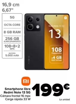 Oferta de Xiaomi - Smartphone Libre  Redmi Note 13 5g por 199€ en Carrefour