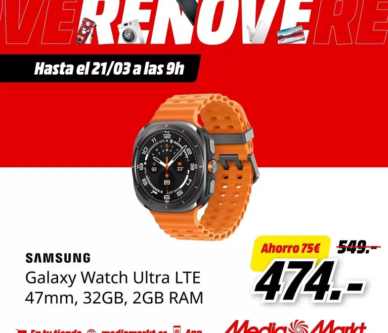 Oferta de Samsung - Galaxy Watch Ultra LTE 47mm, 32GB, 2GB RAM por 474€ en MediaMarkt