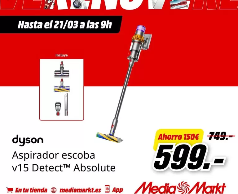 Oferta de Dyson - Aspirador Escoba V15 DetectTM Absolute por 599€ en MediaMarkt