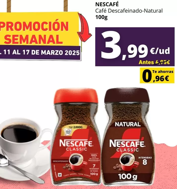 Oferta de Nescafé - Cafe Descafeinado Natural por 3,99€ en Supermercados Tu Alteza