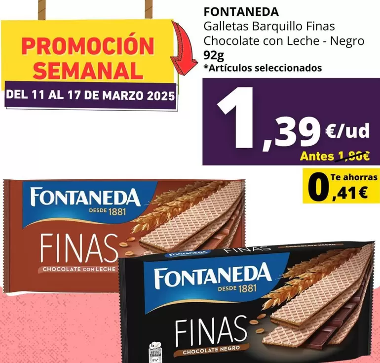 Oferta de Fontaneda - Galletas Barquillo Finas Chocolate Con Leche/ Negro por 1,39€ en Supermercados Tu Alteza