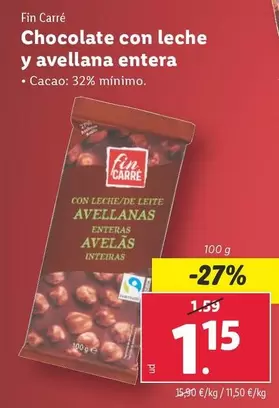 Oferta de Fin Carré - Chocolate Con Leche Y Avellana Entera por 1,15€ en Lidl