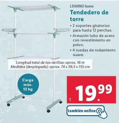 Oferta de Livarno Home - Tendedero De Torre por 19,99€ en Lidl