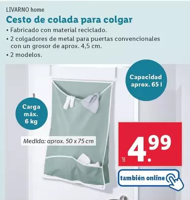 Oferta de Livarno Home - Cesto De Colada Para Colgar por 4,99€ en Lidl