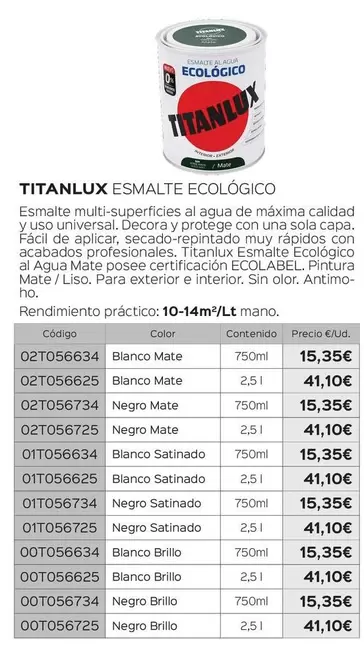 Oferta de Titanlux - Esmalte Ecologico por 15,35€ en Isolana
