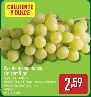 Oferta de Uva De Mesa Blanca Sin Semillas por 2,59€ en ALDI