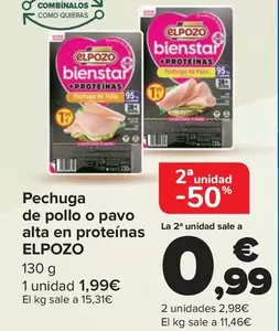 Oferta de Elpozo - pechuga de pollo o pavo alta en proteínas por 1,99€ en Carrefour