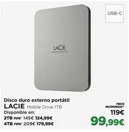 Oferta de Lacie - Disco Duro Externo Portátil por 99,99€ en El Corte Inglés