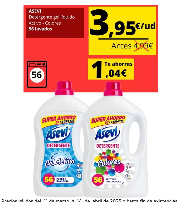Oferta de Asevi - Detergente Gel Liquido Activo-Colores por 3,95€ en Supermercados Tu Alteza