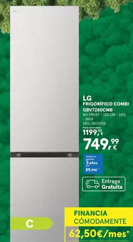 Oferta de LG - Frigorífico Combi Gbv7280cmb por 1199,99€ en Worten