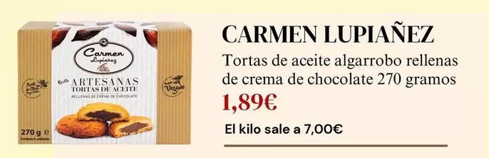 Oferta de Carmen Lupiañez - Tortas De Aceite Algarrobo Rellenas De Crema De Chocolate por 1,89€ en Sangüi